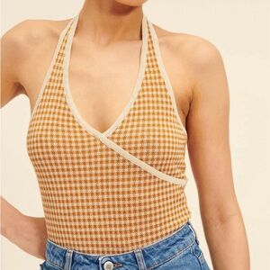 Rouje Knit Halter Top Orion Tan and Burnt Orange Gingham size 36 small / medium